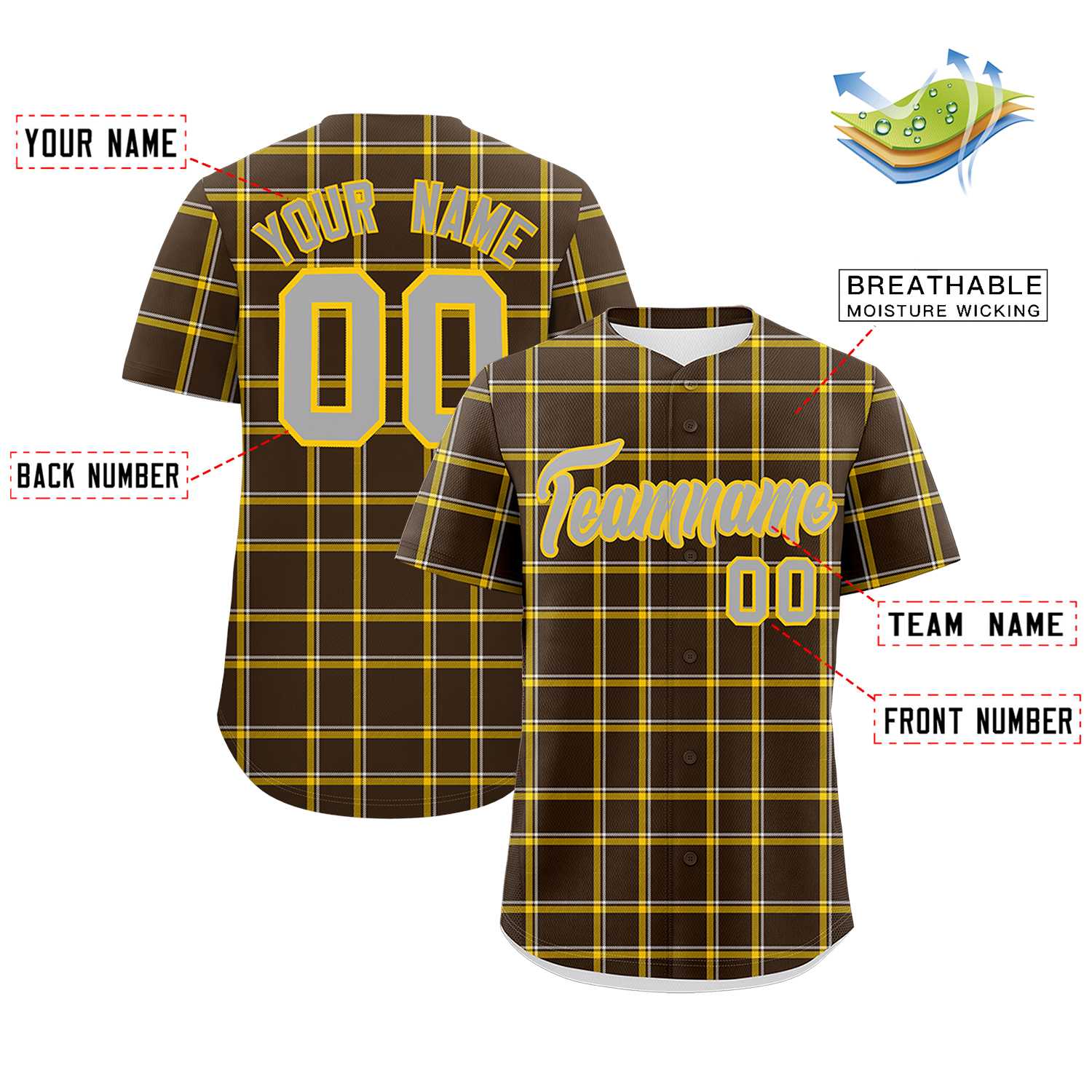 Custom Brown Personalized Plaid Design Authentic Baseball Jersey