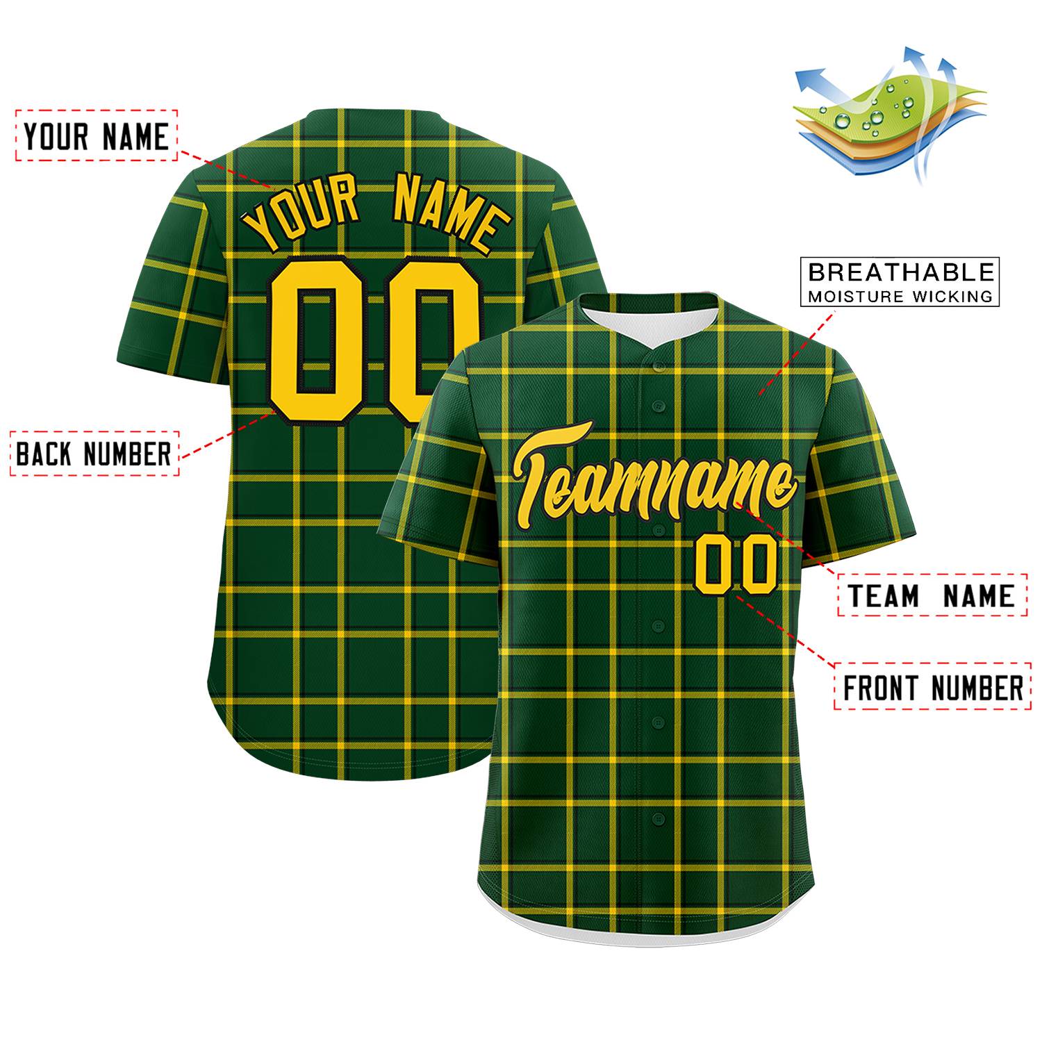 Custom Green Personalized Plaid Design Authentic Baseball Jersey