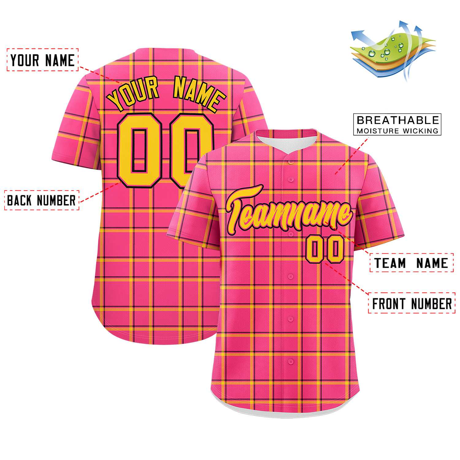 Custom Pink Personalized Plaid Design Authentic Baseball Jersey