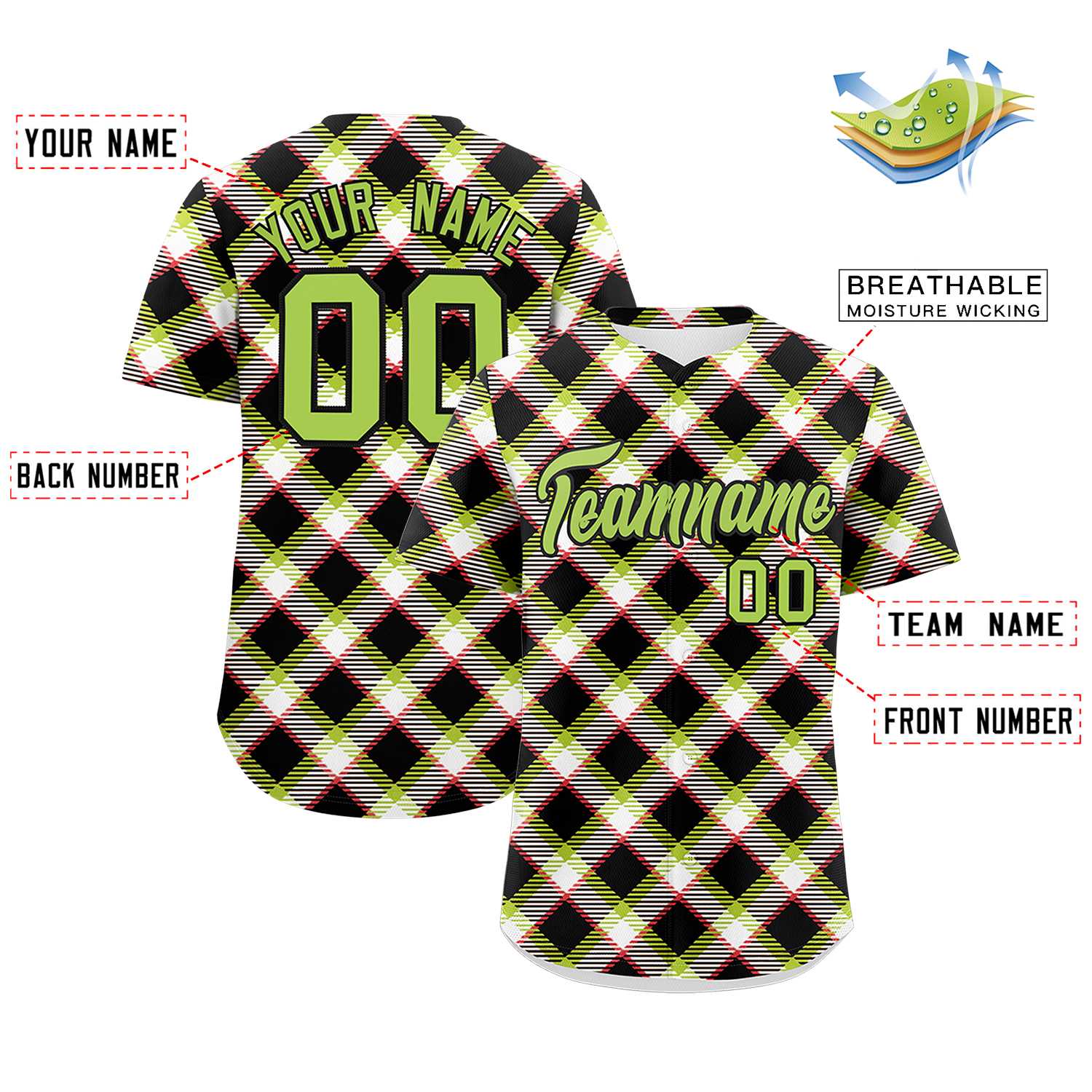 Custom Multi Color Personalized Plaid Design Authentic Baseball Jersey