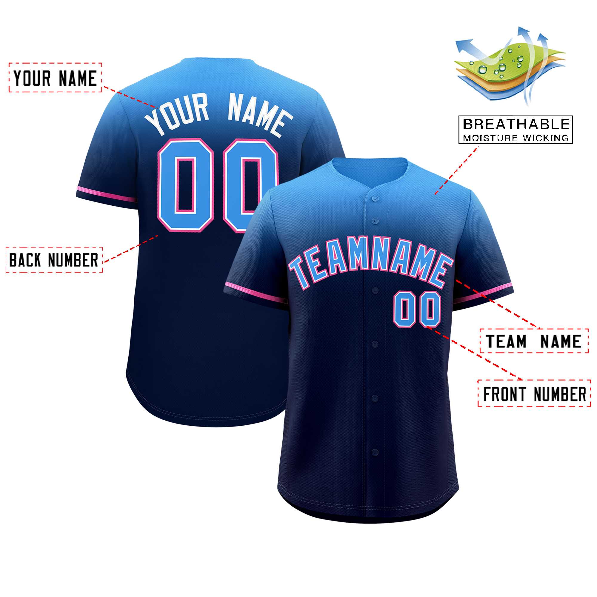 Custom Navy Powder Blue Gradient Fashion Design Authentic Baseball Jersey