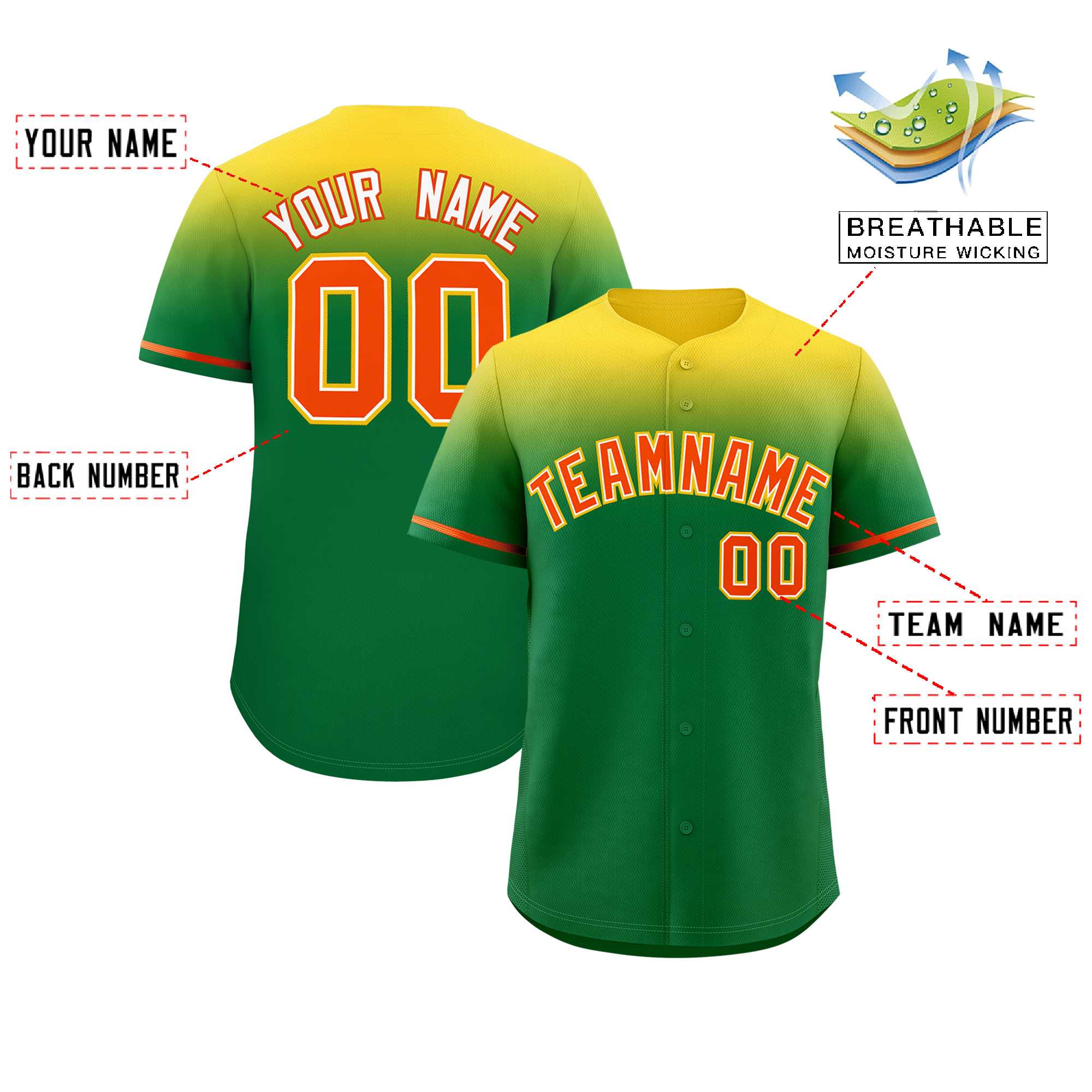 Custom Kelly Green Yellow Gradient Fashion Design Authentic Baseball Jersey