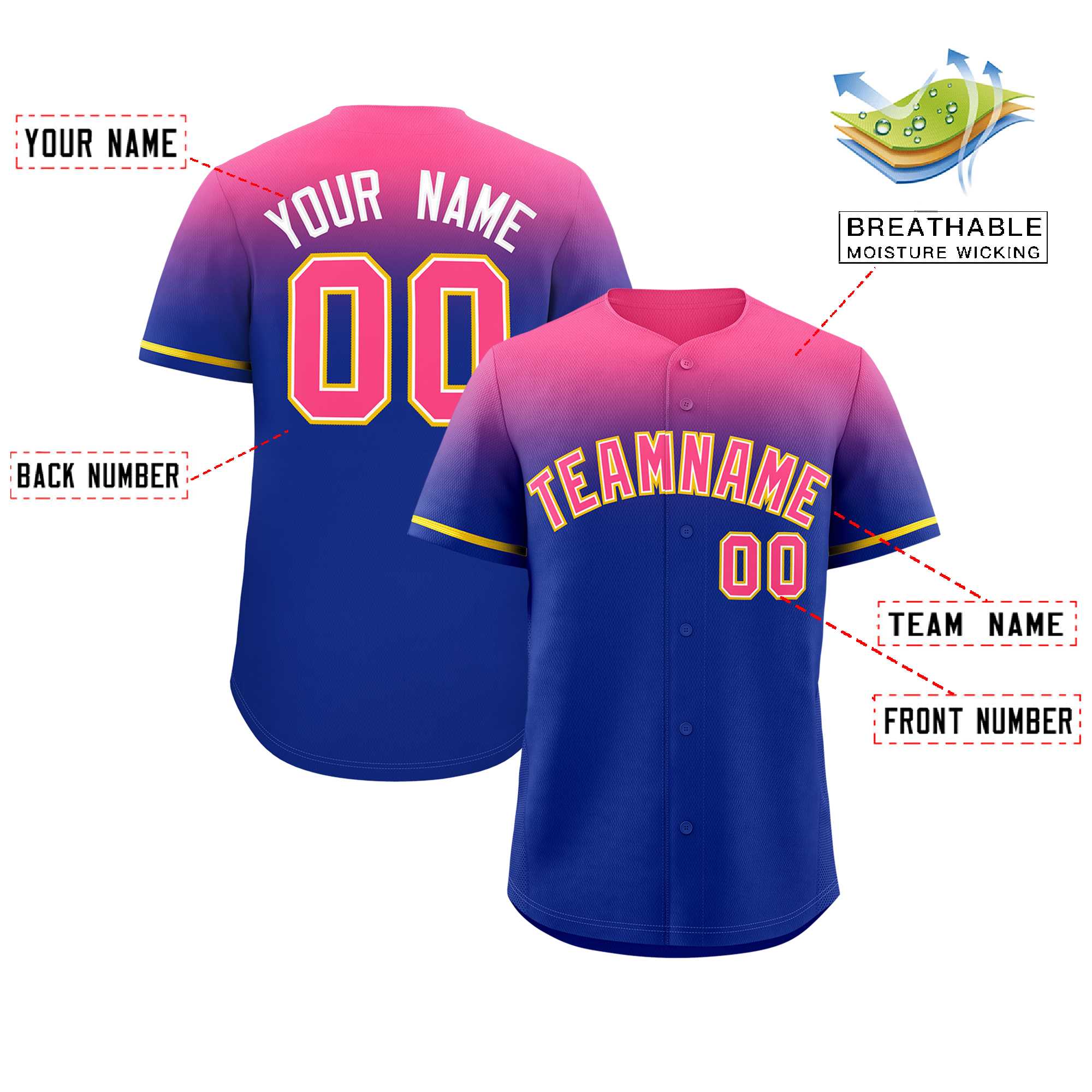 Custom Royal Pink Gradient Fashion Design Authentic Baseball Jersey