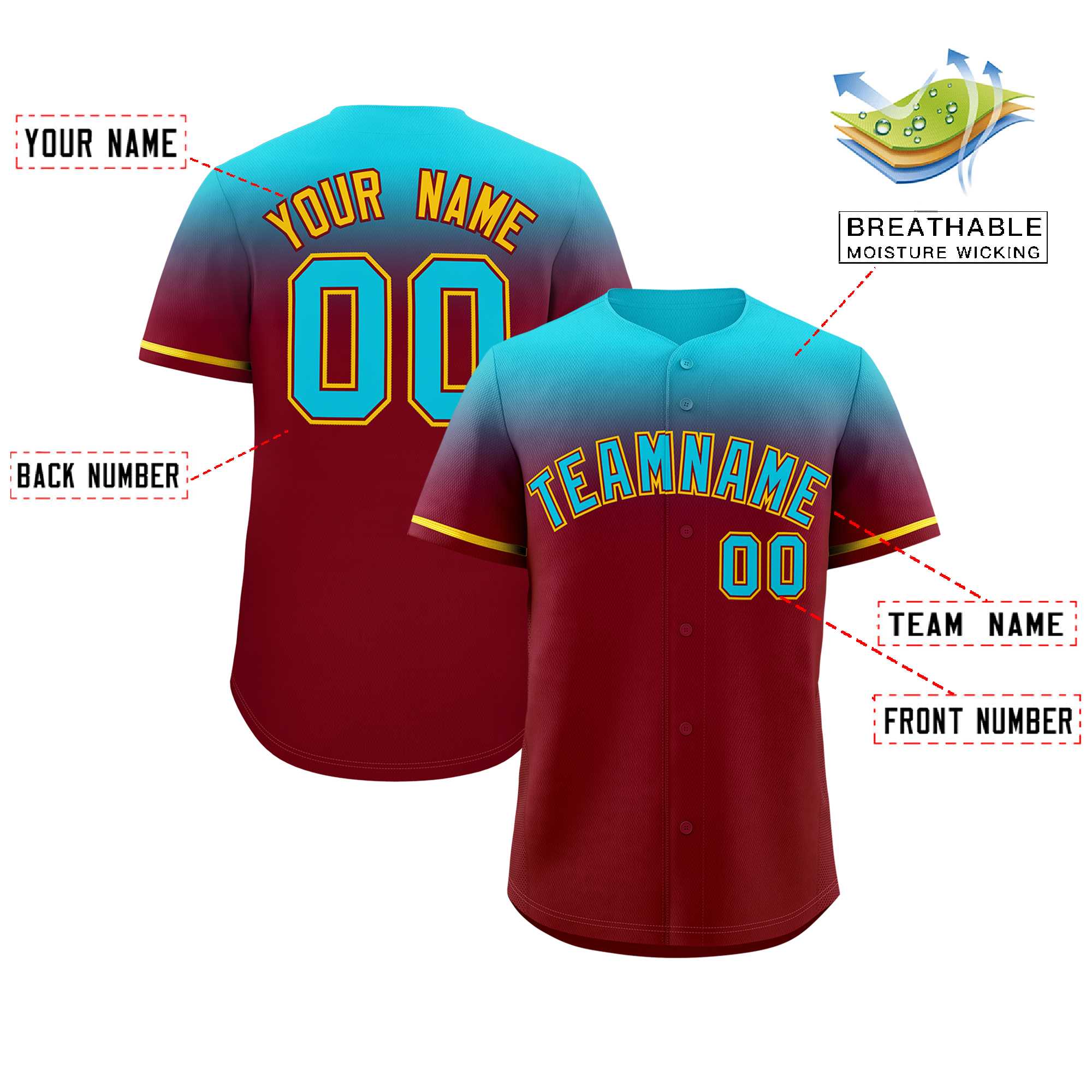 Custom Crimson Sky Blue Gradient Fashion Design Authentic Baseball Jersey