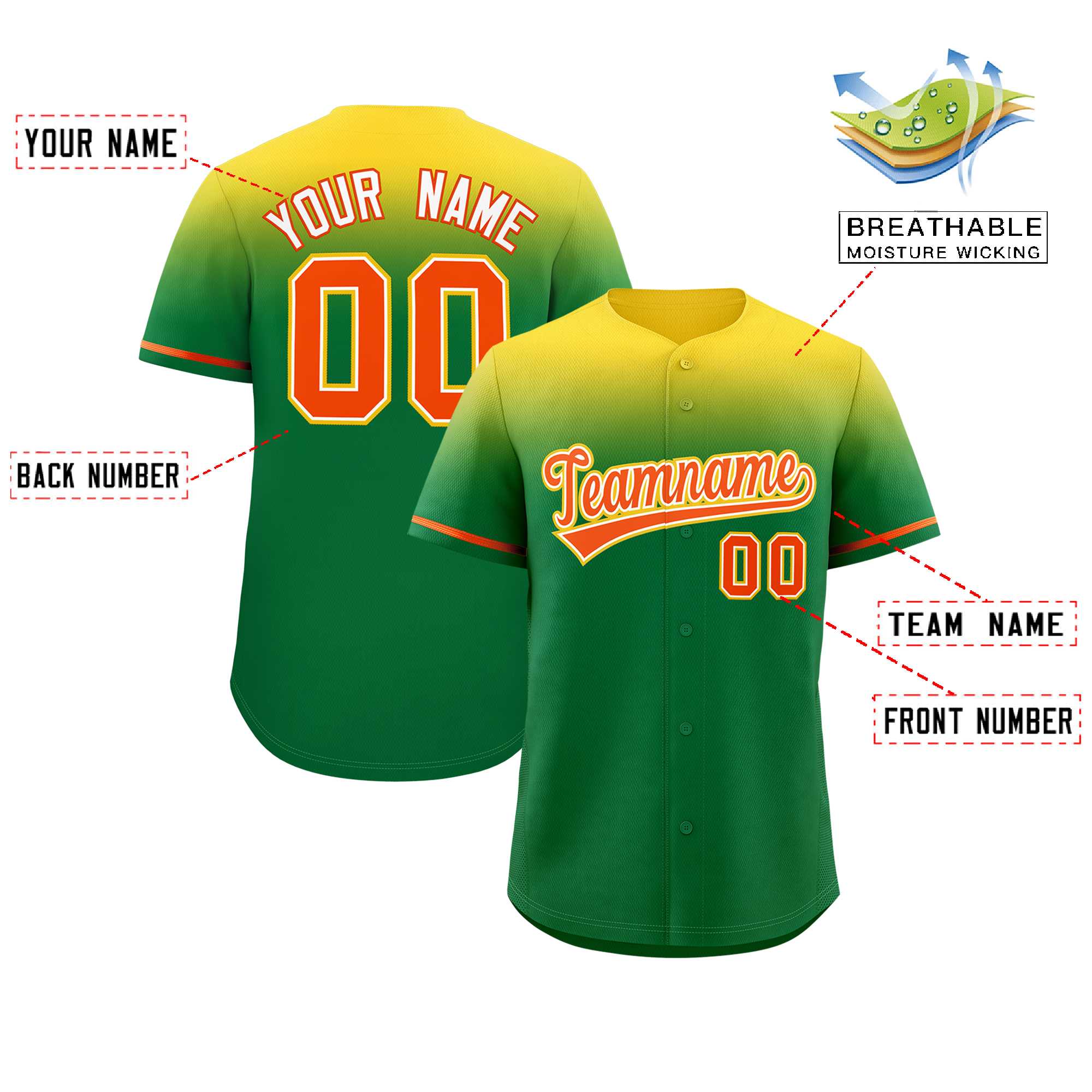 Custom Kelly Green Yellow Gradient Fashion Design Authentic Baseball Jersey