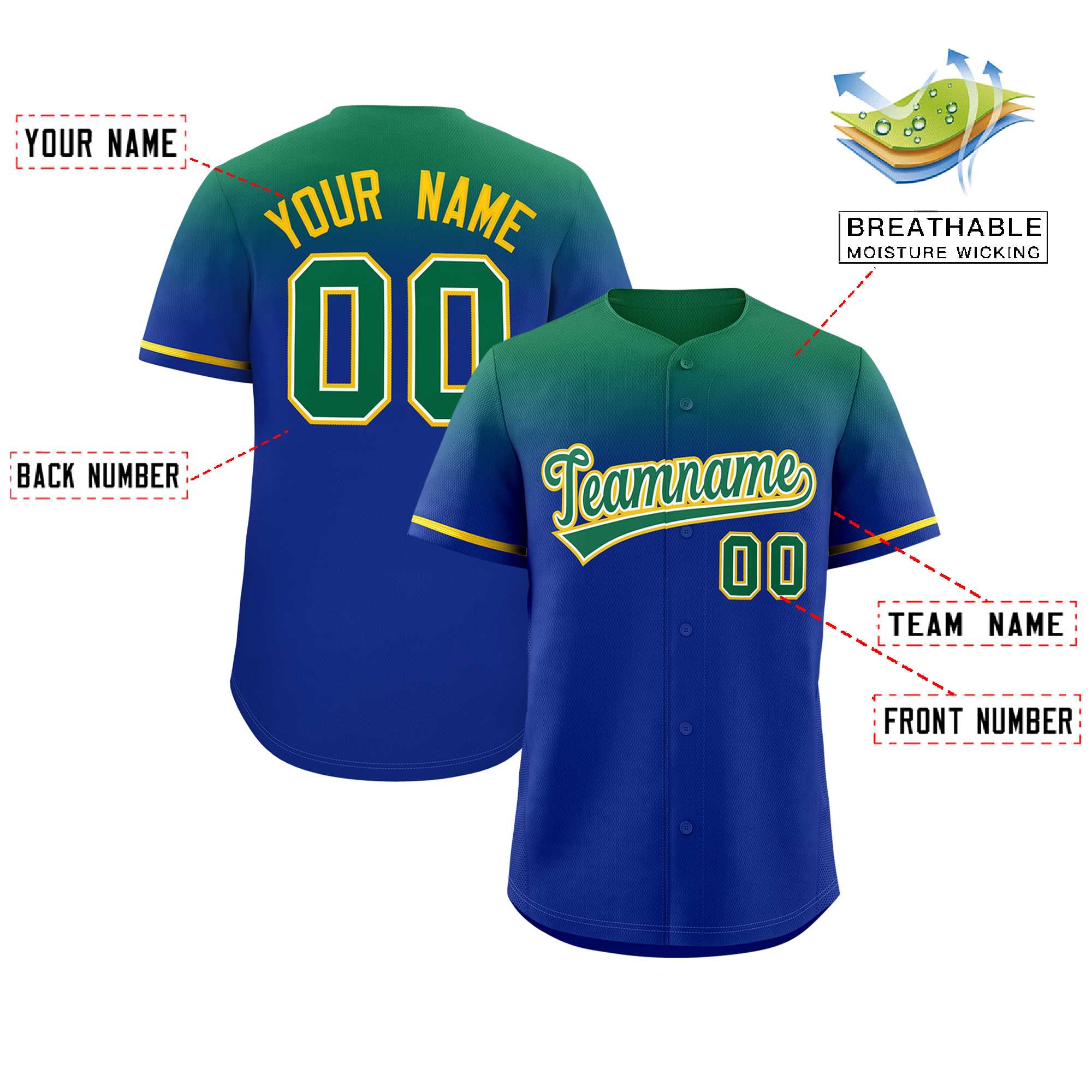 Custom Royal Kelly Green Gradient Fashion Design Authentic Baseball Jersey