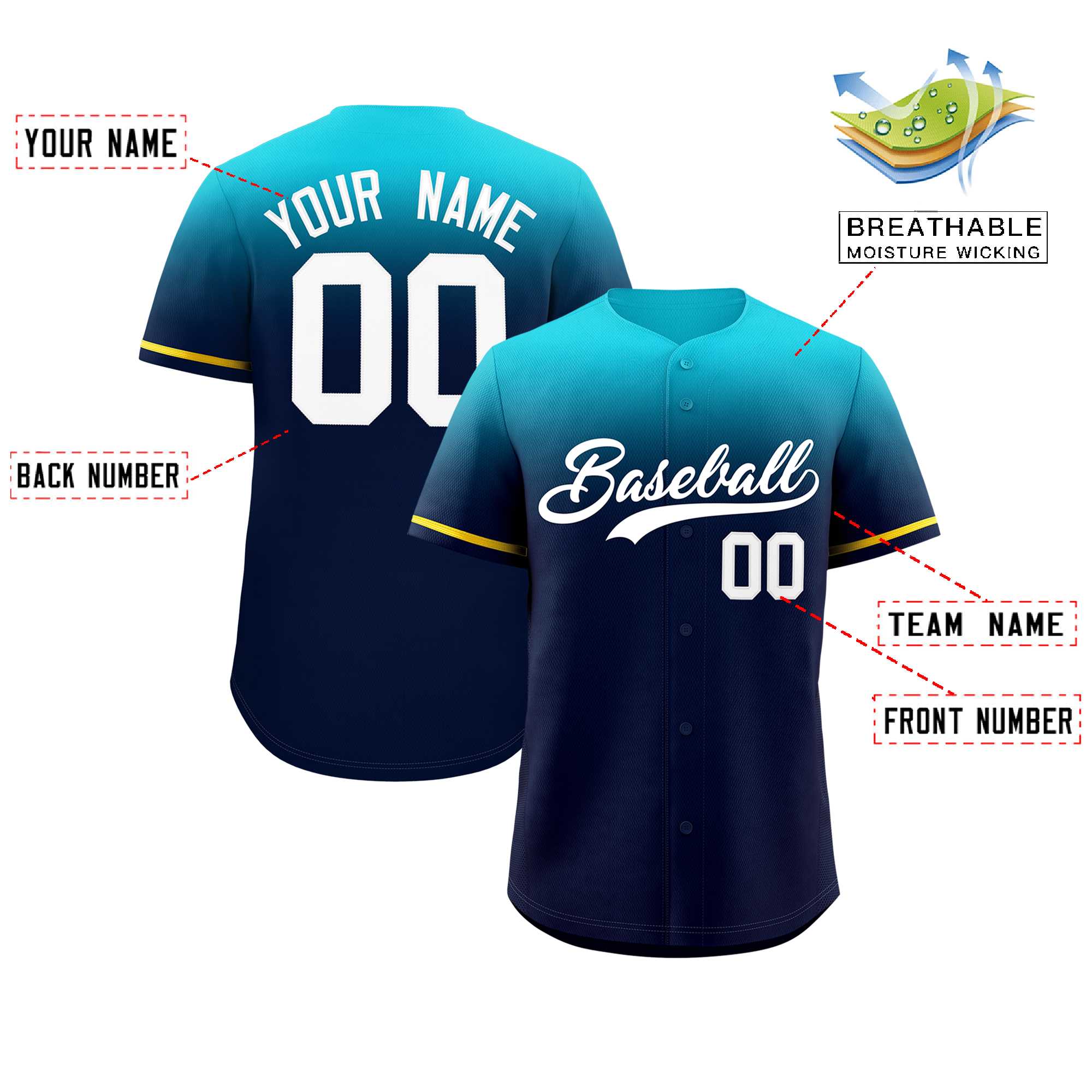 Custom Navy Sky Blue Gradient Fashion Design Authentic Baseball Jersey