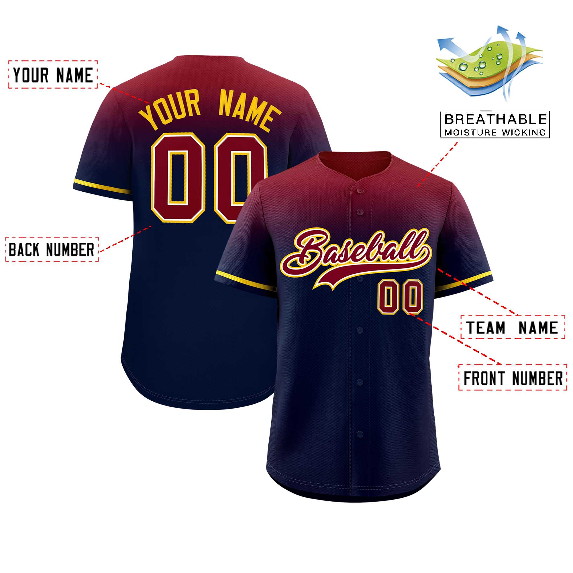 Custom Navy Crimson Gradient Fashion Design Authentic Baseball Jersey