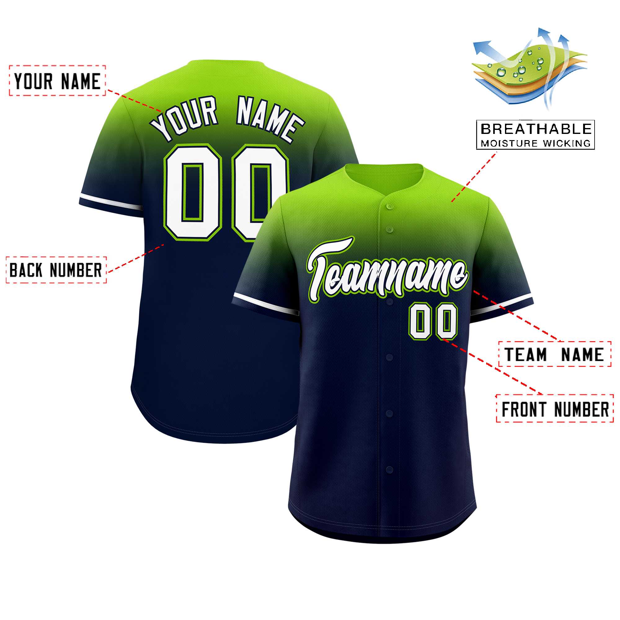 Custom Navy Neon Green Gradient Fashion Design Authentic Baseball Jersey