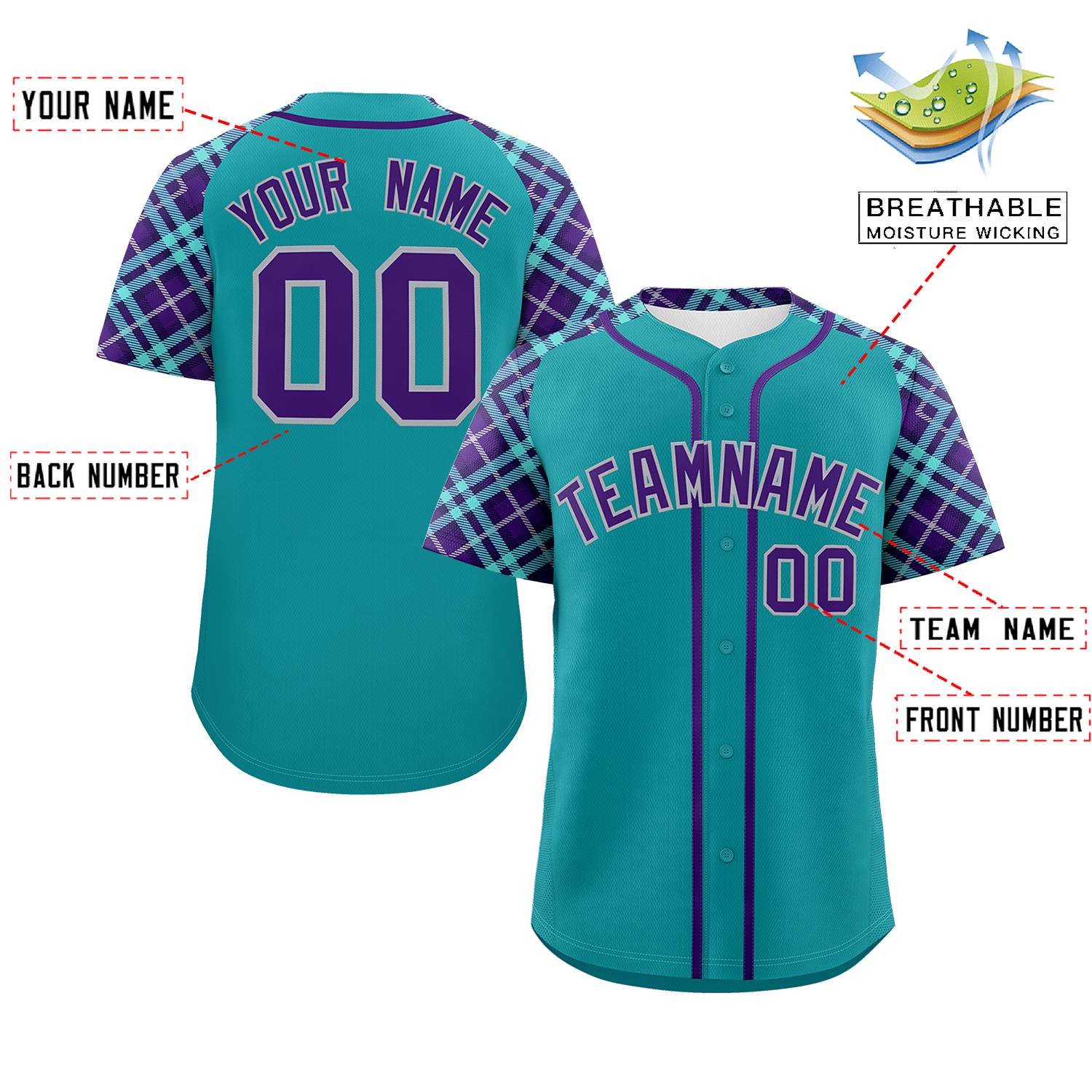 Custom Aqua Purple-Gray Personalized Raglan Sleeves Authentic Baseball Jersey