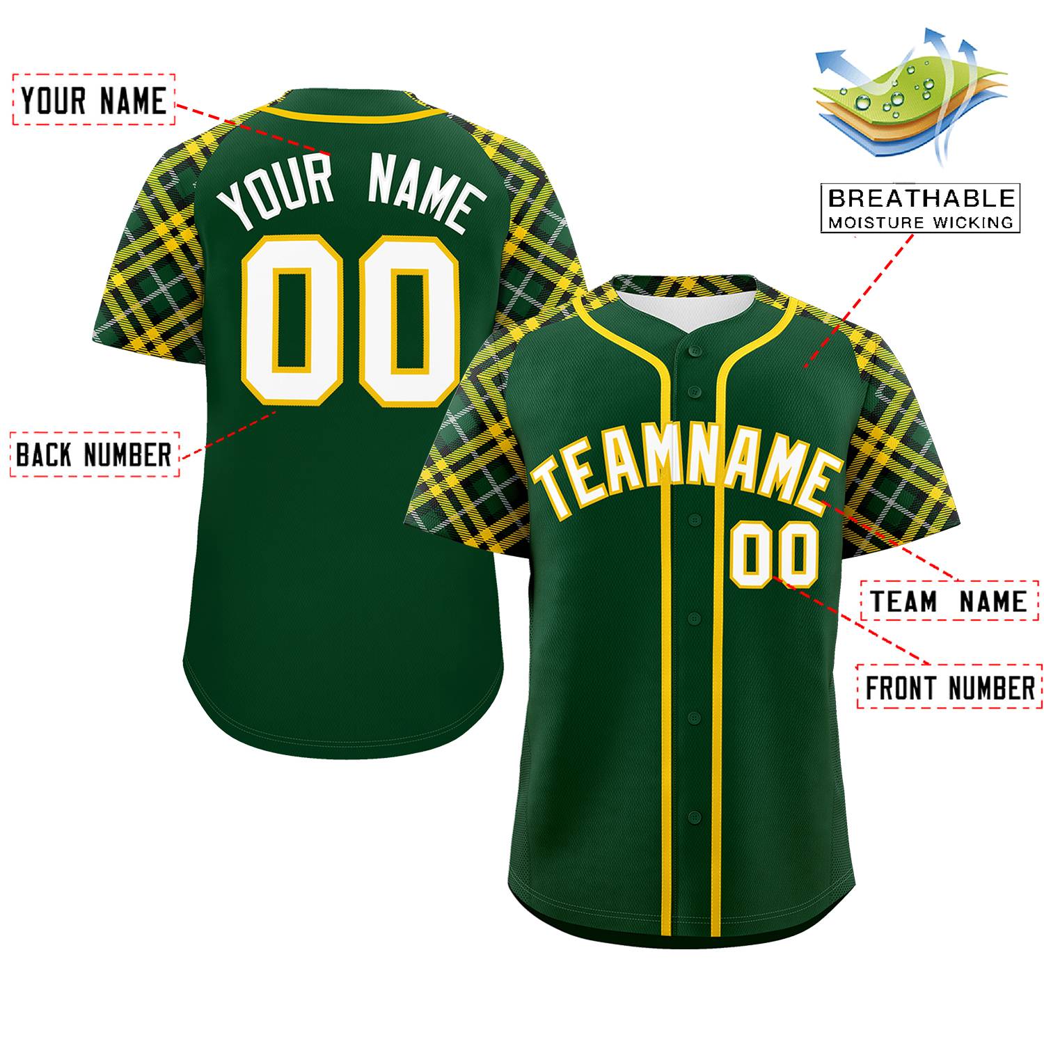 Custom Green White-Gold Personalized Raglan Sleeves Authentic Baseball Jersey