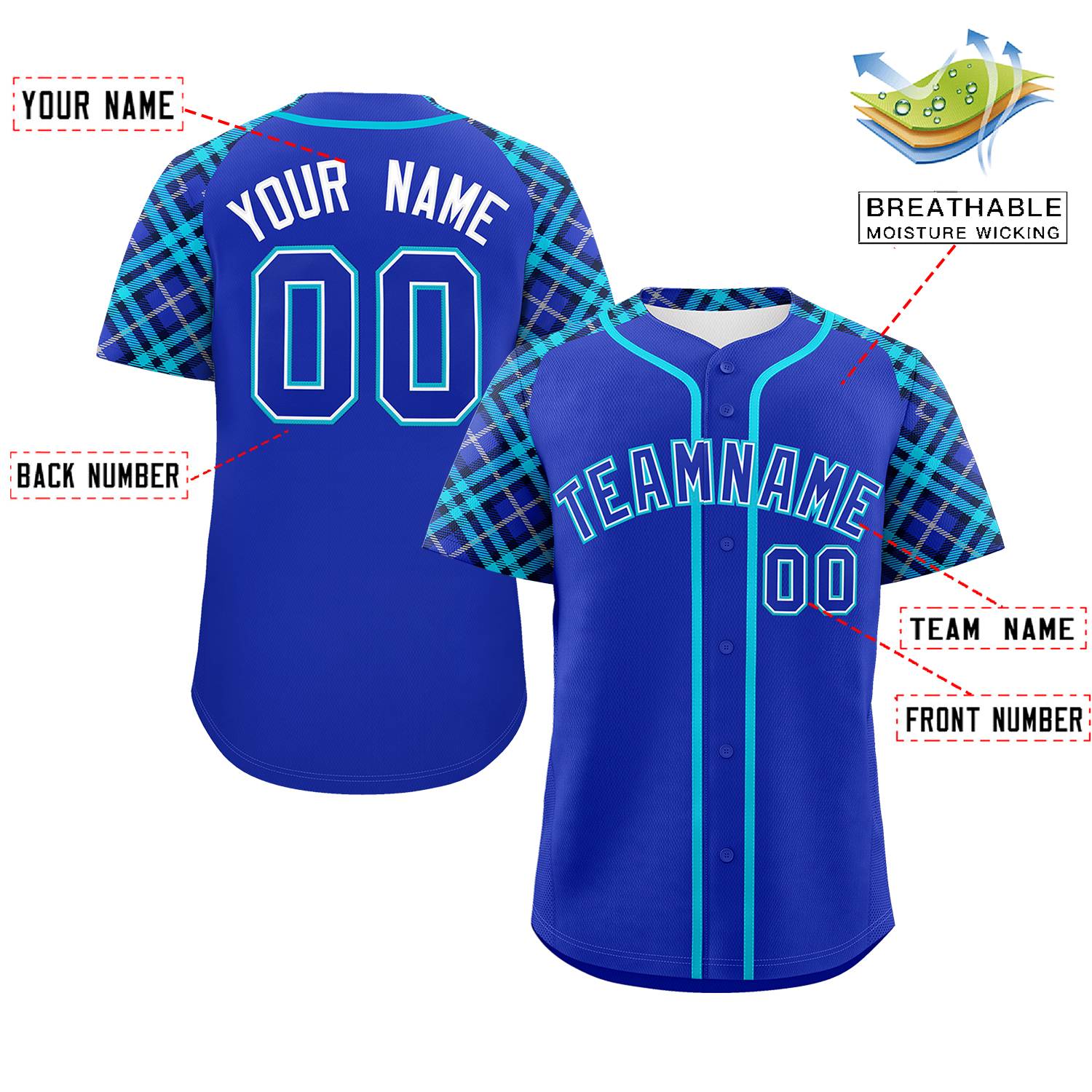 Custom Royal-Sky Blue Personalized Raglan Sleeves Authentic Baseball Jersey