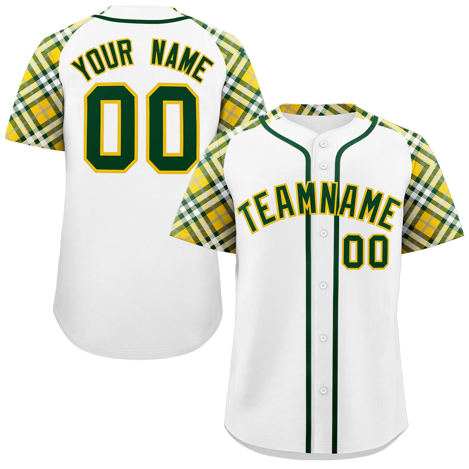 Custom White Green-Gold Personalized Raglan Sleeves Authentic Baseball Jersey