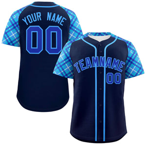 Custom Navy Royal-Powder Blue Personalized Raglan Sleeves Authentic Baseball Jersey