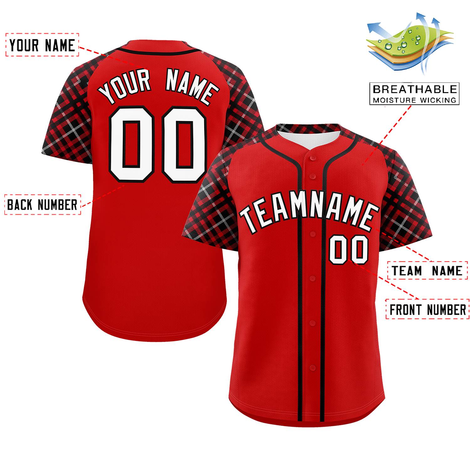 Custom Red White-Black Personalized Raglan Sleeves Authentic Baseball Jersey