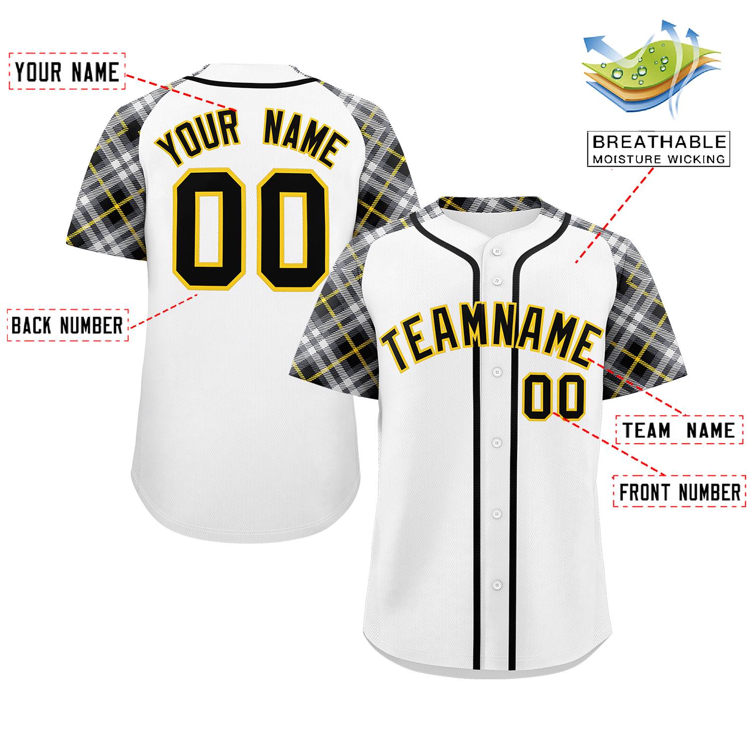 Custom White Black-Gold Personalized Raglan Sleeves Authentic Baseball Jersey