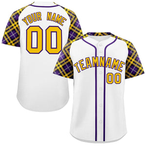 Custom White Gold-Purple Personalized Raglan Sleeves Authentic Baseball Jersey