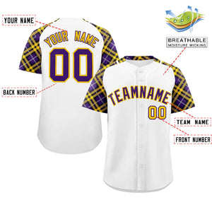 Custom White Purple-Gold Personalized Raglan Sleeves Authentic Baseball Jersey