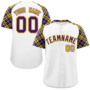 Custom White Purple-Gold Personalized Raglan Sleeves Authentic Baseball Jersey