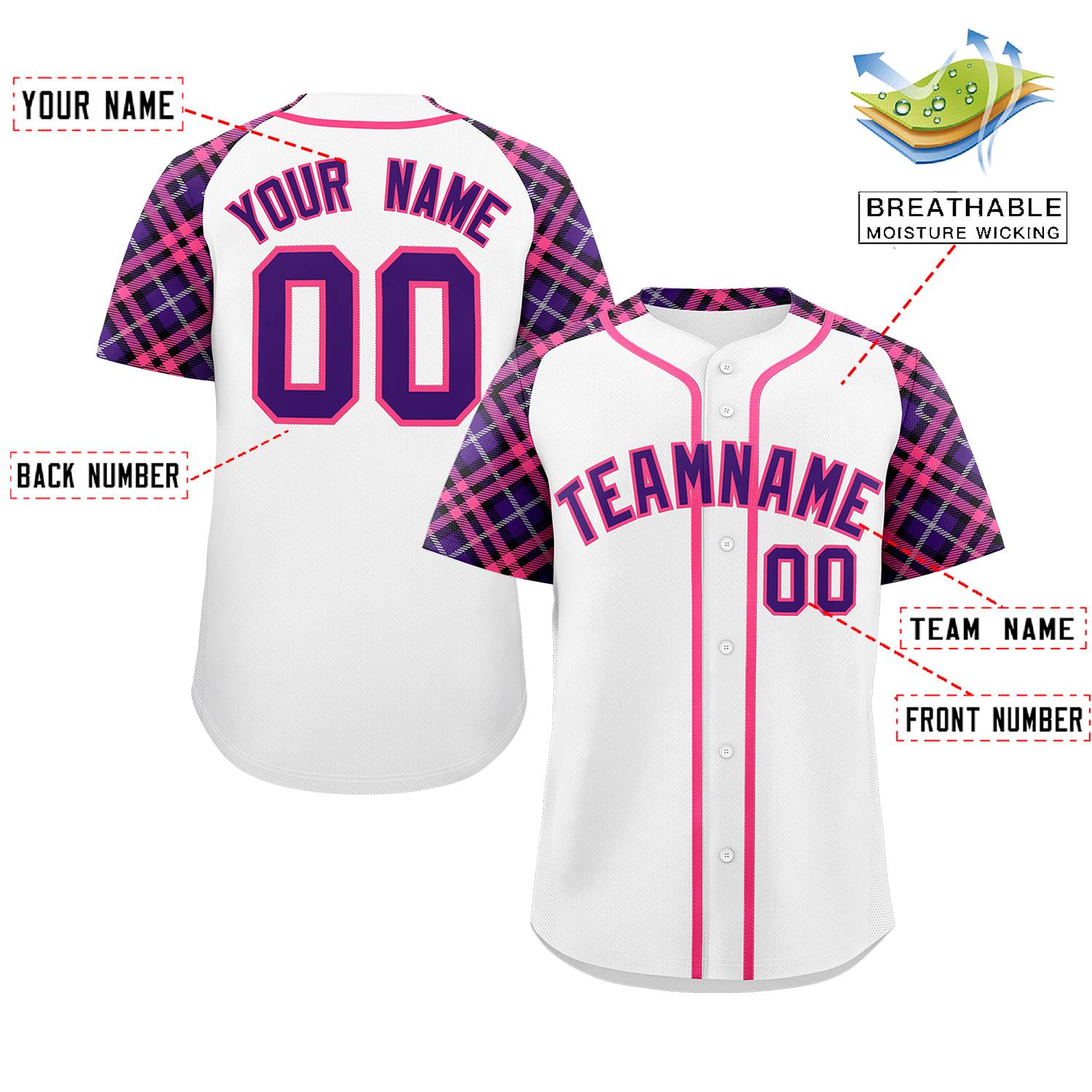 Custom White Purple-Pink Personalized Raglan Sleeves Authentic Baseball Jersey