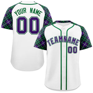 Custom White Purple-Kelly Green Personalized Raglan Sleeves Authentic Baseball Jersey