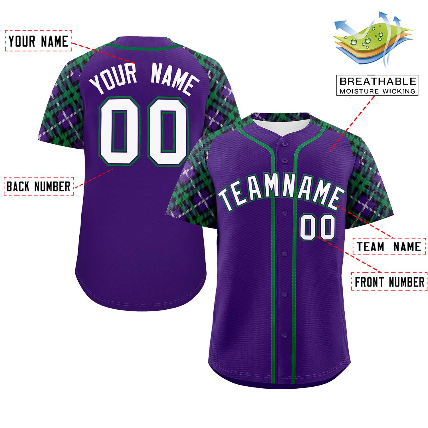 Custom Purple White-Kelly Green Personalized Raglan Sleeves Authentic Baseball Jersey