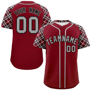 Custom Crimson Gray-Black Personalized Raglan Sleeves Authentic Baseball Jersey