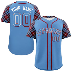 Custom Light Blue-Crimson Personalized Raglan Sleeves Authentic Baseball Jersey