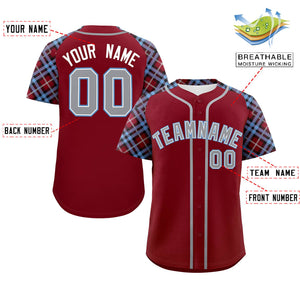 Custom Crimson Gray-Light Blue Personalized Raglan Sleeves Authentic Baseball Jersey