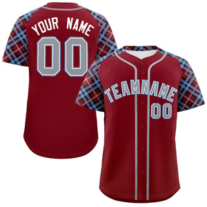 Custom Crimson Gray-Light Blue Personalized Raglan Sleeves Authentic Baseball Jersey