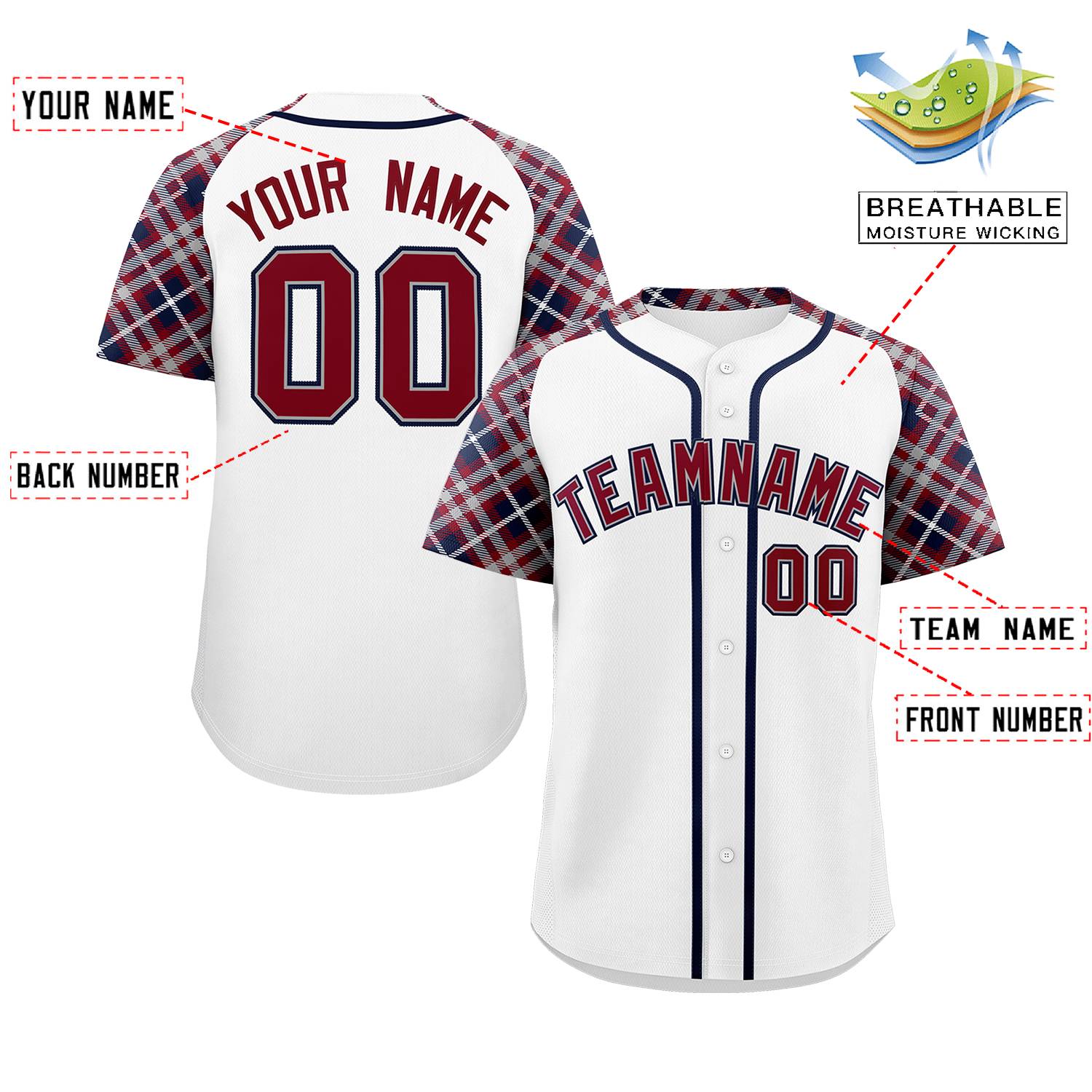 Custom White Crimson-Navy Personalized Raglan Sleeves Authentic Baseball Jersey