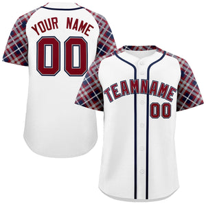 Custom White Crimson-Navy Personalized Raglan Sleeves Authentic Baseball Jersey