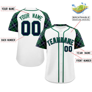 Custom White Kelly Green-Navy Personalized Raglan Sleeves Authentic Baseball Jersey