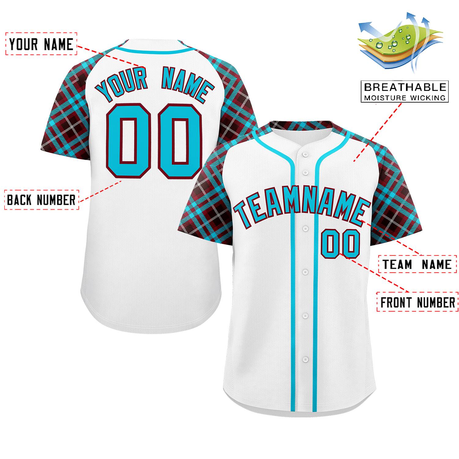 Custom White Sky Blue-Crimson Personalized Raglan Sleeves Authentic Baseball Jersey