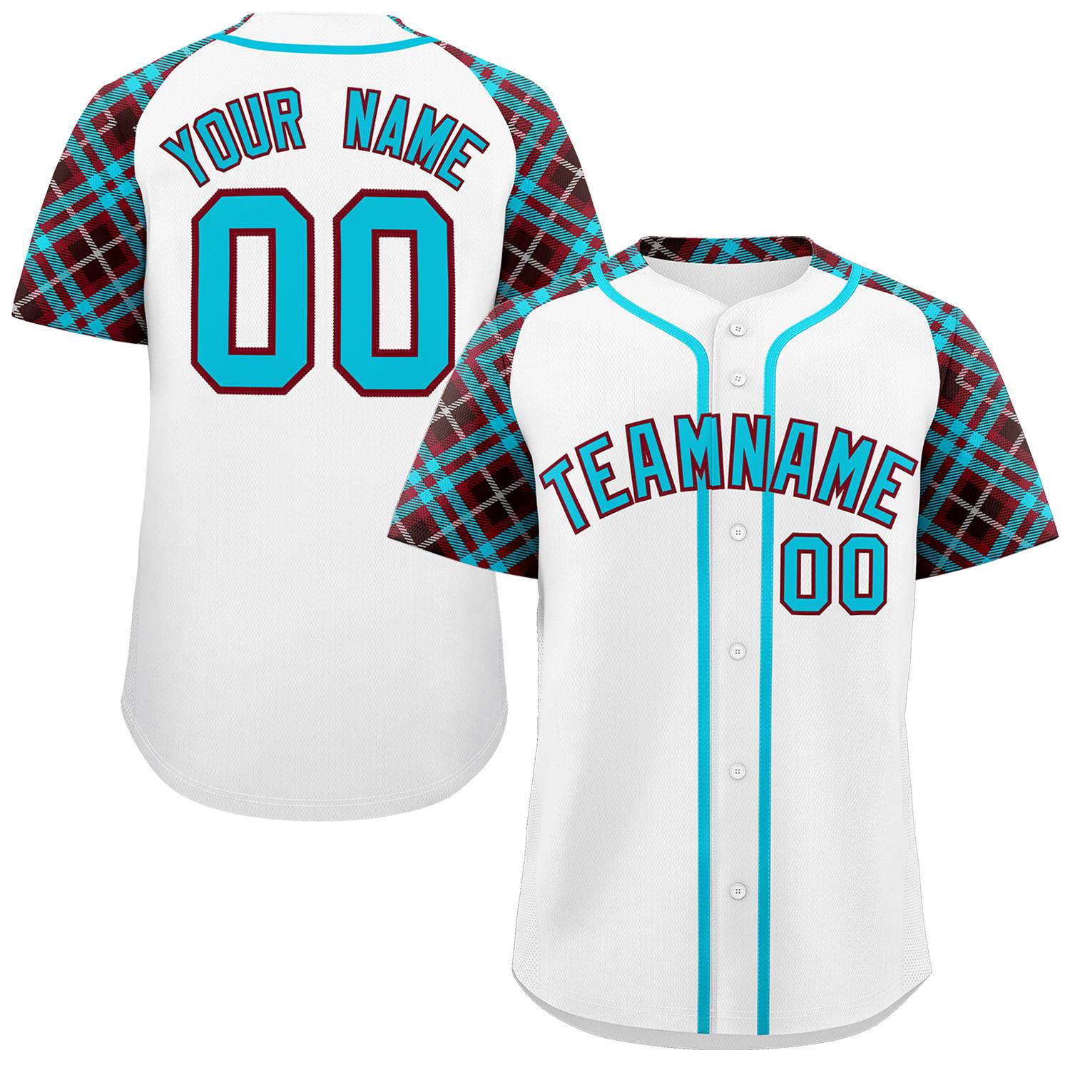 Custom White Sky Blue-Crimson Personalized Raglan Sleeves Authentic Baseball Jersey