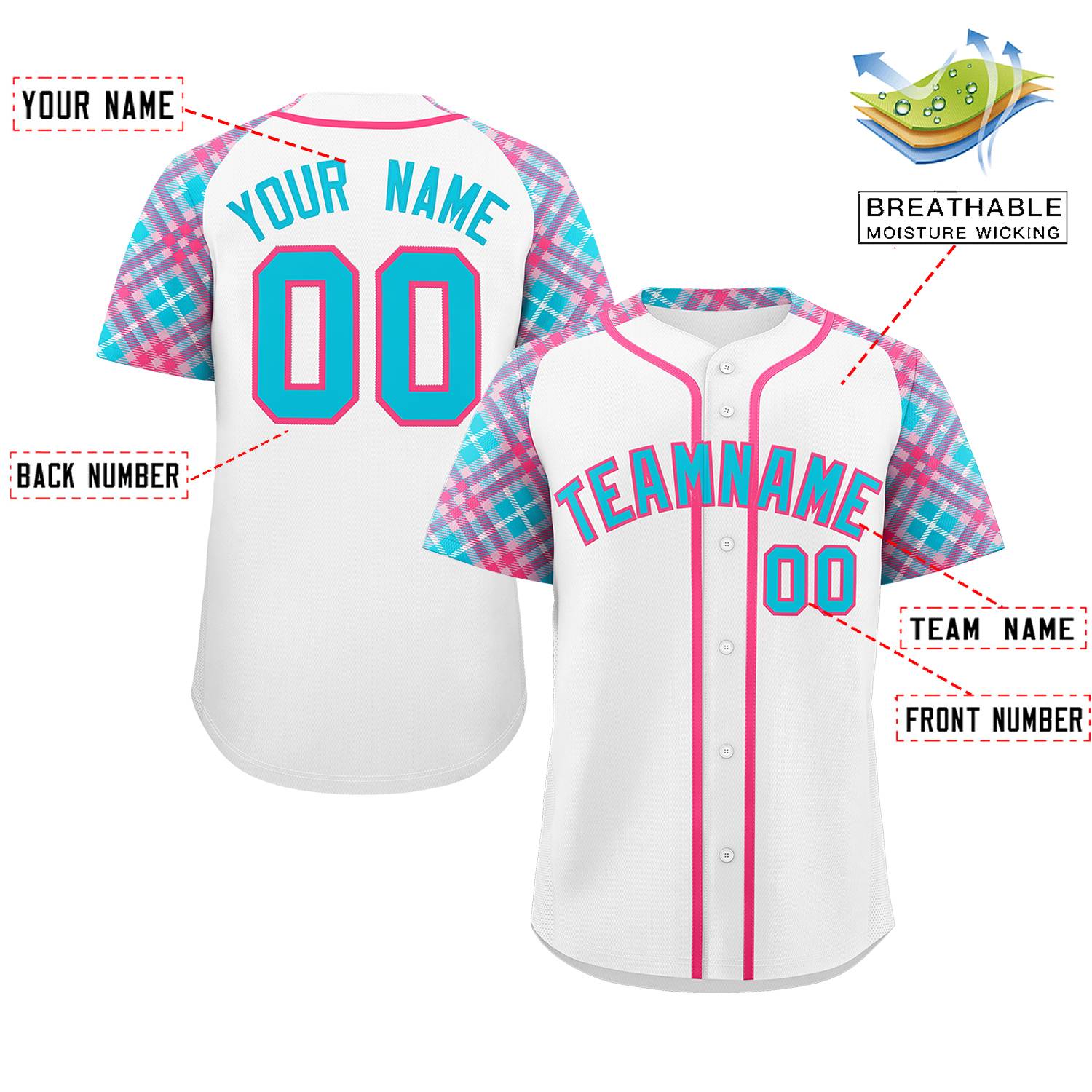 Custom White Powder Blue-Pink Personalized Raglan Sleeves Authentic Baseball Jersey