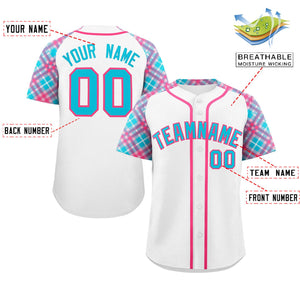 Custom White Powder Blue-Pink Personalized Raglan Sleeves Authentic Baseball Jersey