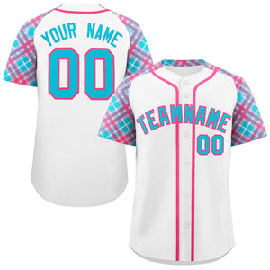 Custom White Powder Blue-Pink Personalized Raglan Sleeves Authentic Baseball Jersey