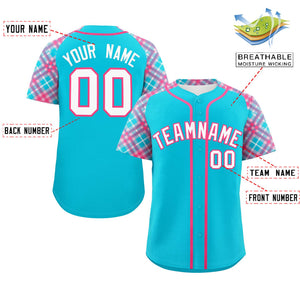 Custom Sky Blue White-Pink Personalized Raglan Sleeves Authentic Baseball Jersey