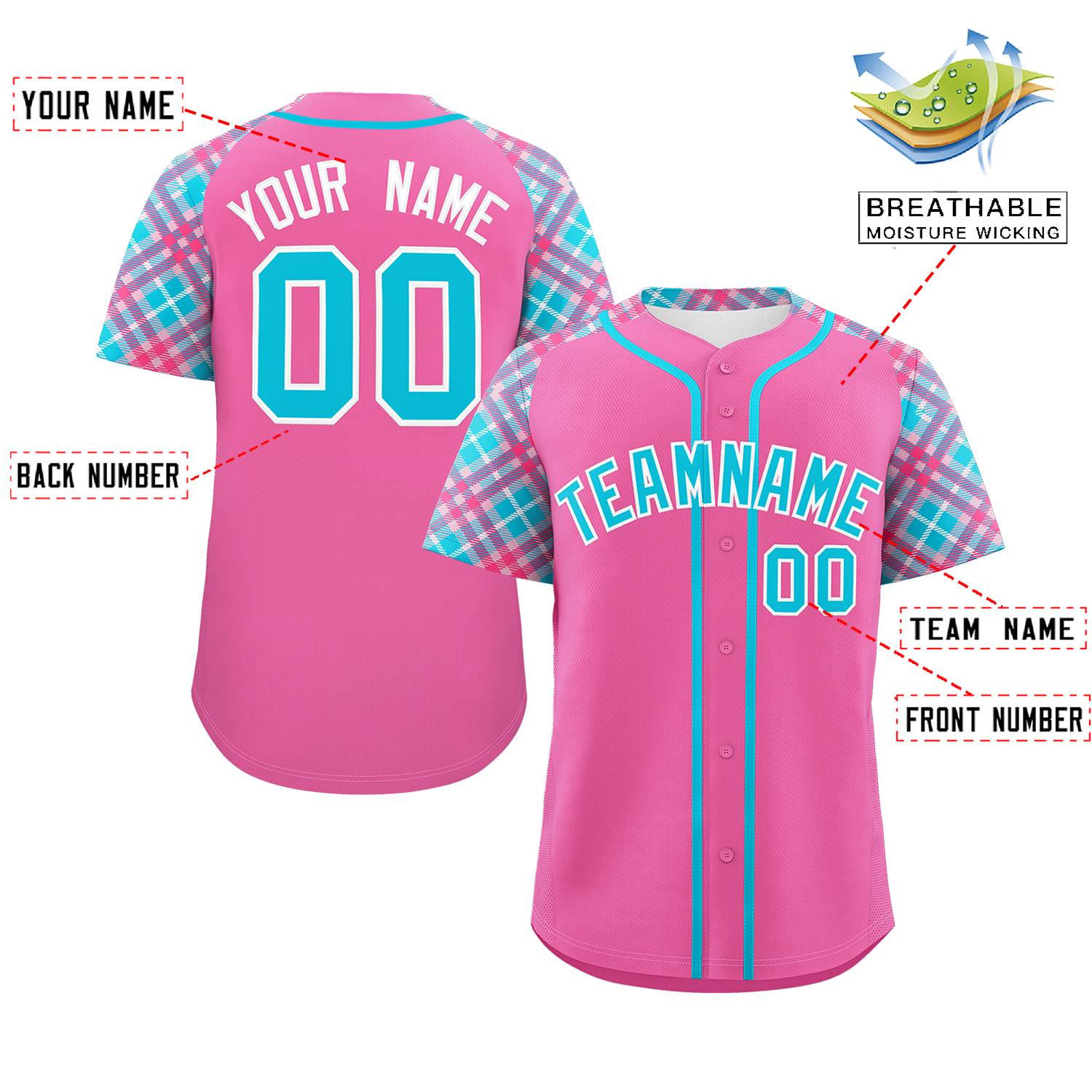 Custom Pink Sky Blue-White Personalized Raglan Sleeves Authentic Baseball Jersey