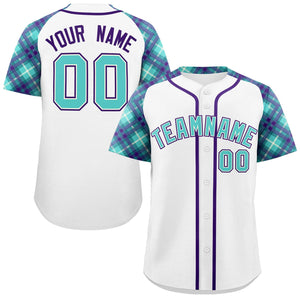 Custom White Bright Green-Purple Personalized Raglan Sleeves Authentic Baseball Jersey