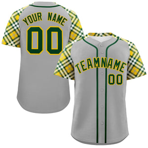 Custom Gray Green-Gold Personalized Raglan Sleeves Authentic Baseball Jersey