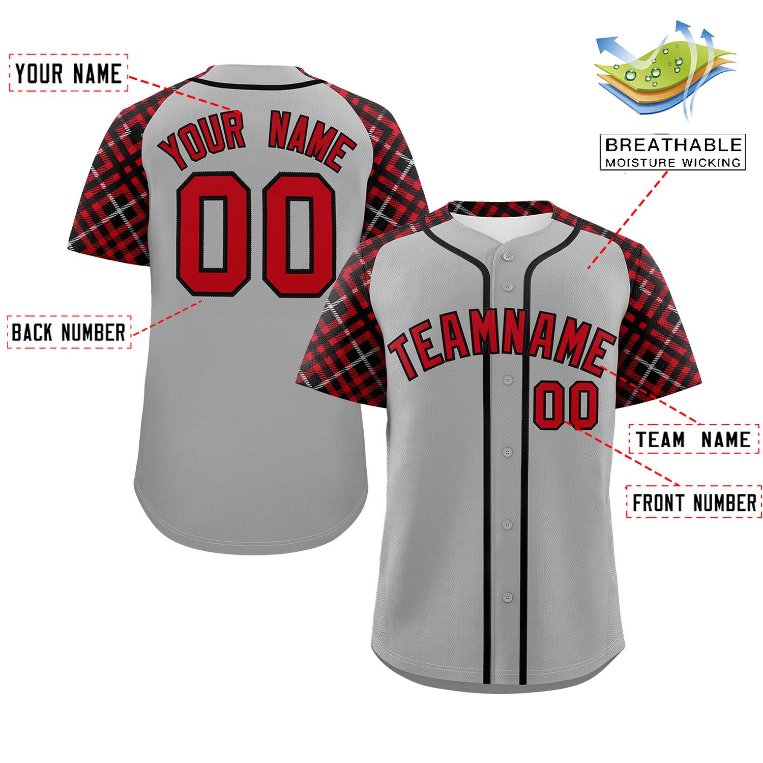 Custom Gray Red-Black Personalized Raglan Sleeves Authentic Baseball Jersey