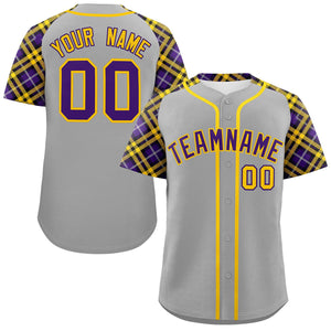 Custom Gray Purple-Gold Personalized Raglan Sleeves Authentic Baseball Jersey