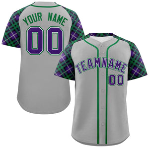 Custom Gray Purple-Kelly Green Personalized Raglan Sleeves Authentic Baseball Jersey