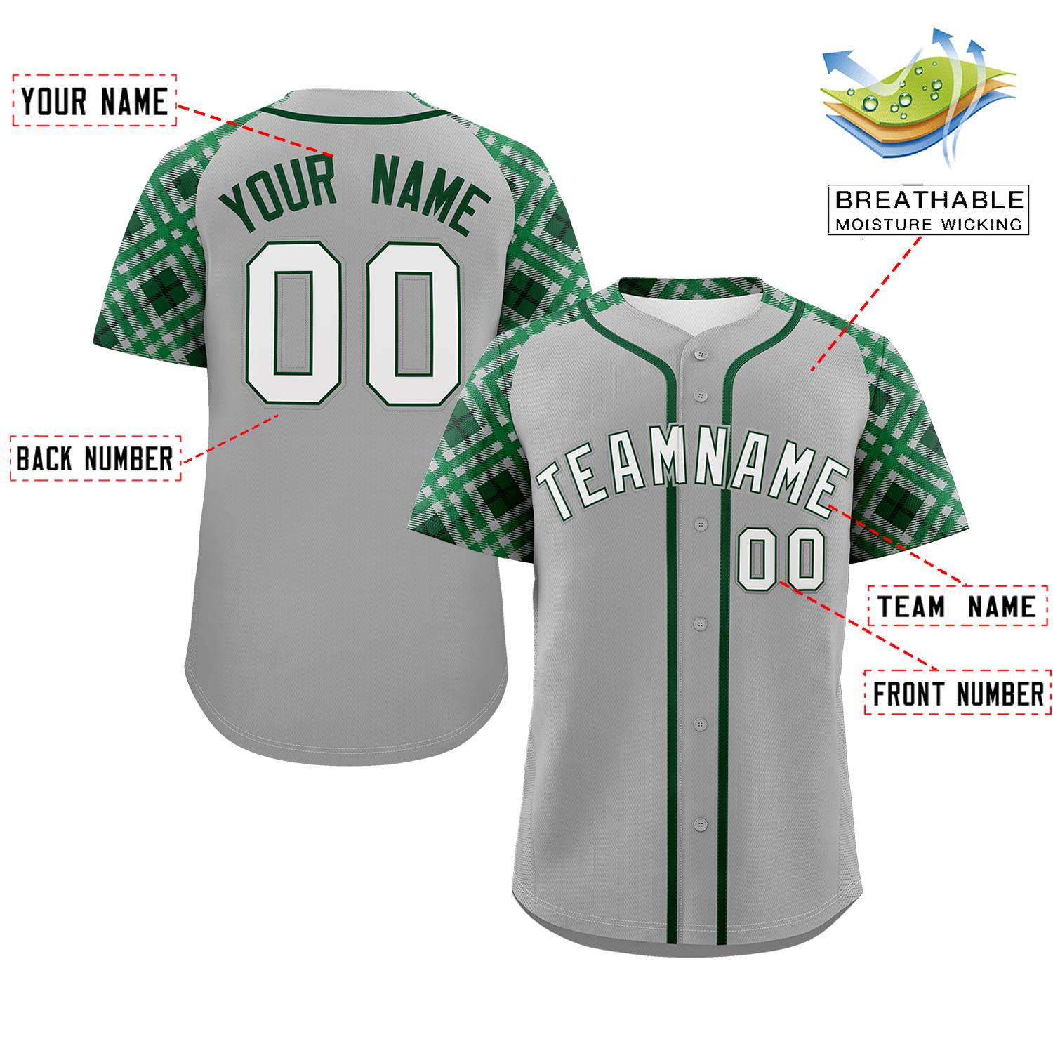 Custom Gray White-Kelly Green Personalized Raglan Sleeves Authentic Baseball Jersey