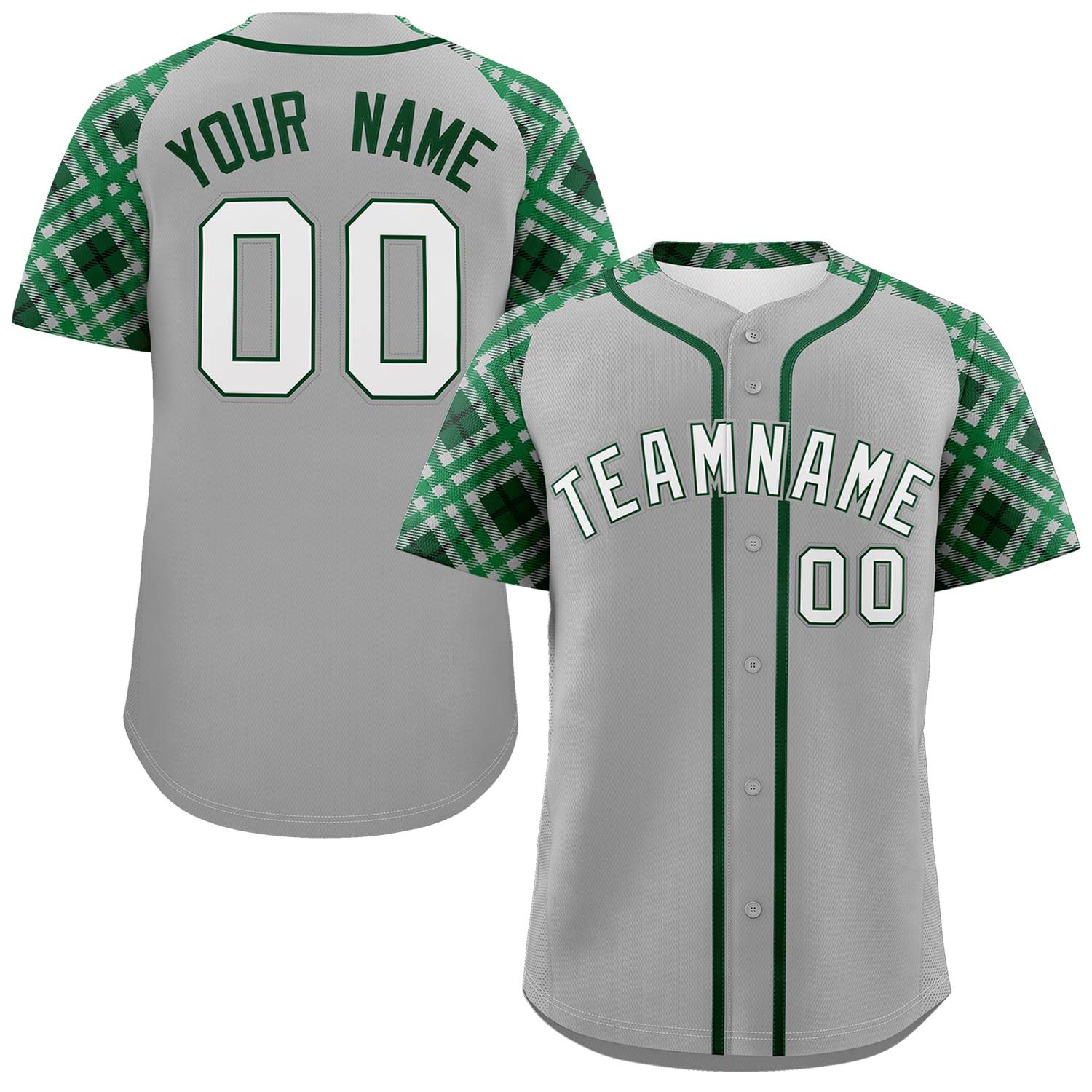 Custom Gray White-Kelly Green Personalized Raglan Sleeves Authentic Baseball Jersey