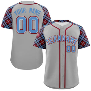 Custom Gray Light Blue-Crimson Personalized Raglan Sleeves Authentic Baseball Jersey