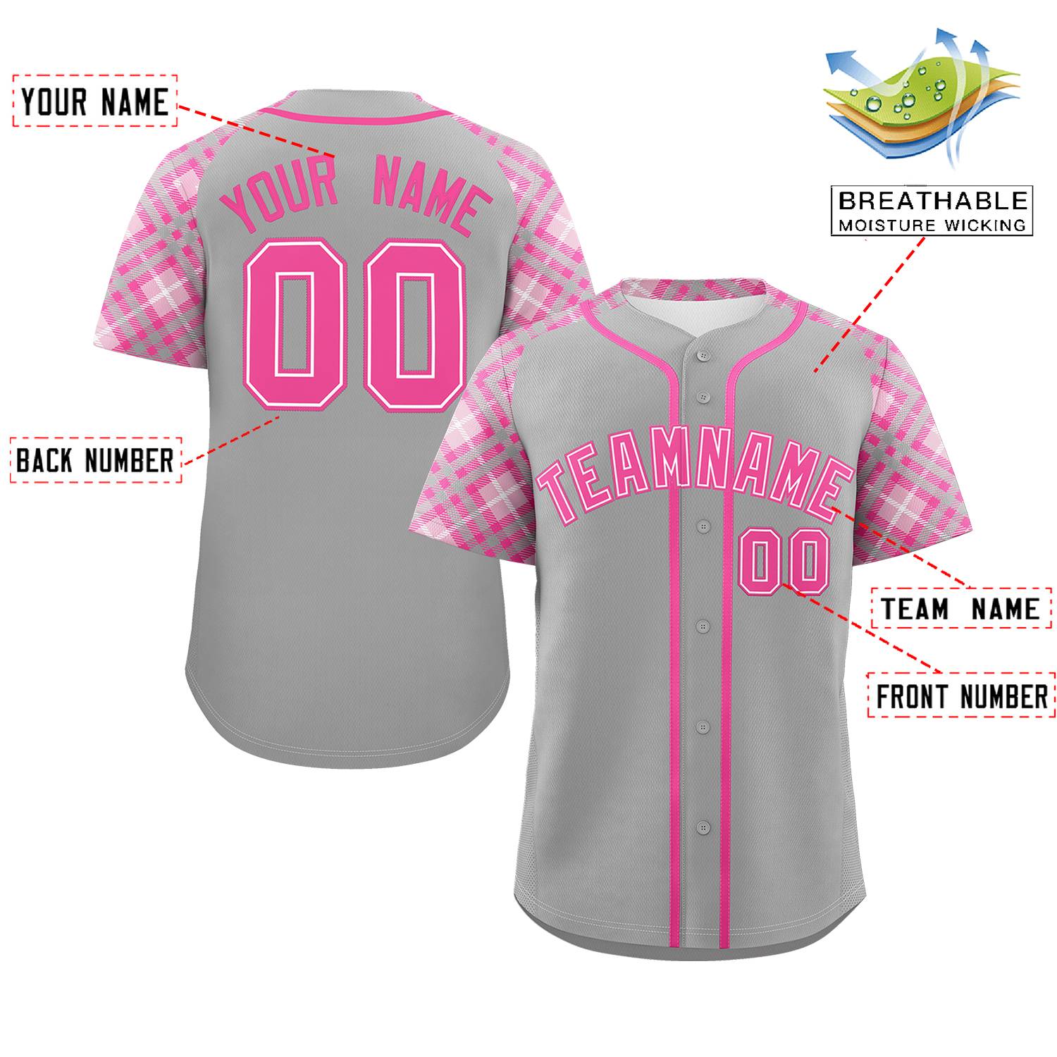 Custom Gray Pink- Personalized Raglan Sleeves Authentic Baseball Jersey