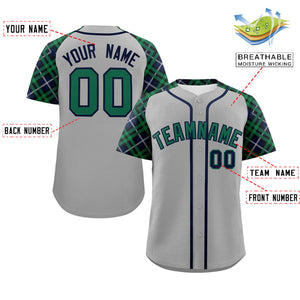 Custom Gray Kelly Green-Navy Personalized Raglan Sleeves Authentic Baseball Jersey